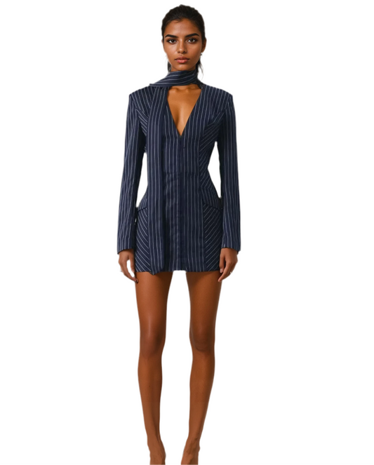 Executive Pinstripe Mini Dress - Navy