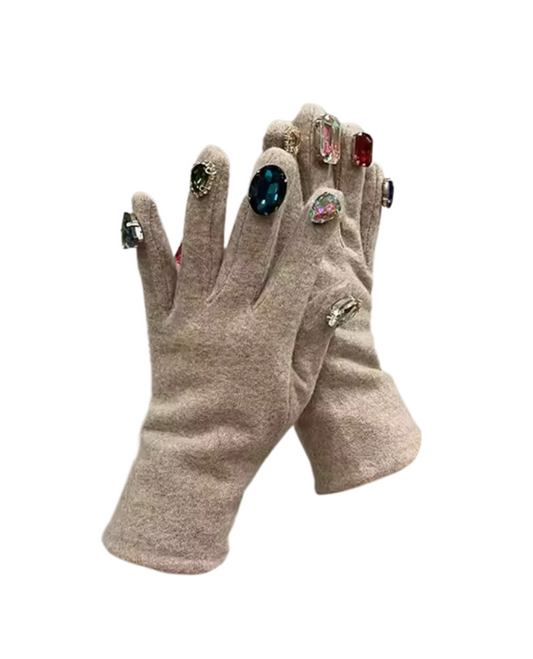 Gem Embellished Cashmere Gloves - Beige