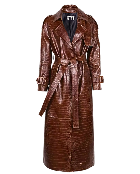 Timeless Trench Croc Leather Coat - Brown